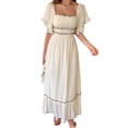 thumbnail image 1 of Robe Midi à Manches Courtes pour Femmes, Encolure Carrée, Couleur Contrastante, Décontractée, Rick Rack, Robes Smockées L, 1 of 7