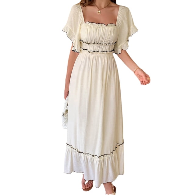Robe Midi à Manches Courtes pour Femmes, Encolure Carrée, Couleur Contrastante, Décontractée, Rick Rack, Robes Smockées L