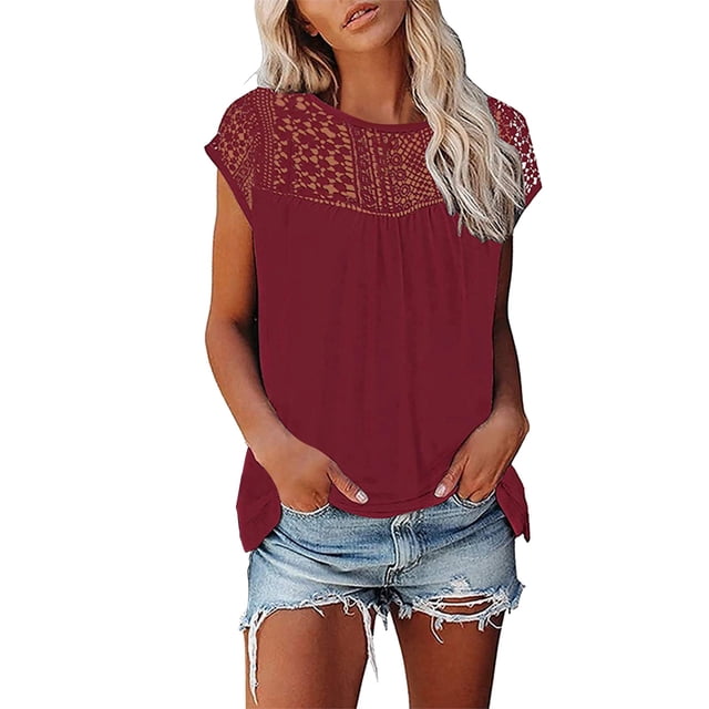 LUOGENLI T-shirts pour Femme pour Femmes Dames Été Mode Cool Confortable Manches Courtes T-Shirt en Dentelle Tee T-shirts Femmes Blanc Saint-Valentin T-shirts pour Femmes T-shirts Graphiques Pêche Saint-Patrick Rouge P