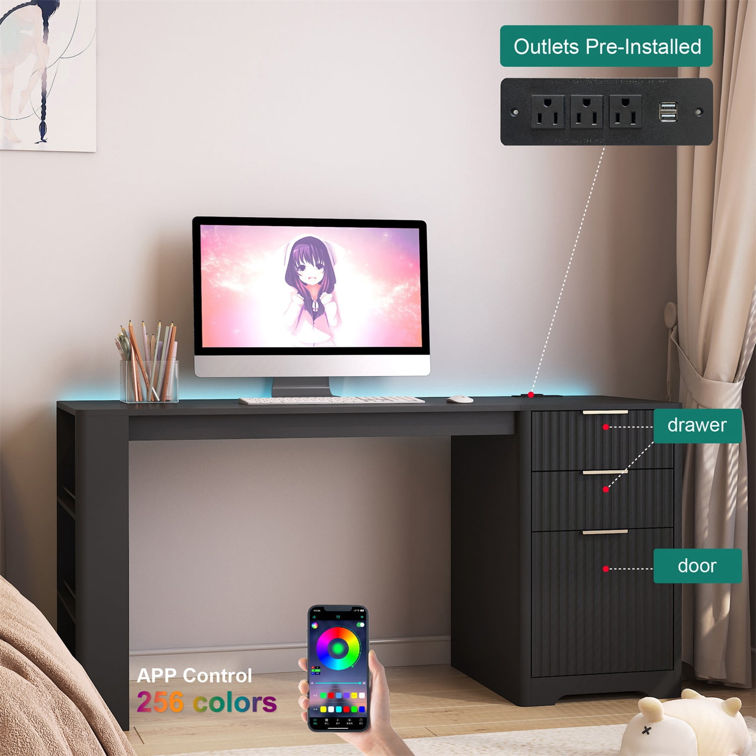 Hommoo Modern L Shaped Desk with Charge Station, LED Light and Storage, Computer Corner Desk,for Home and Office, Black
