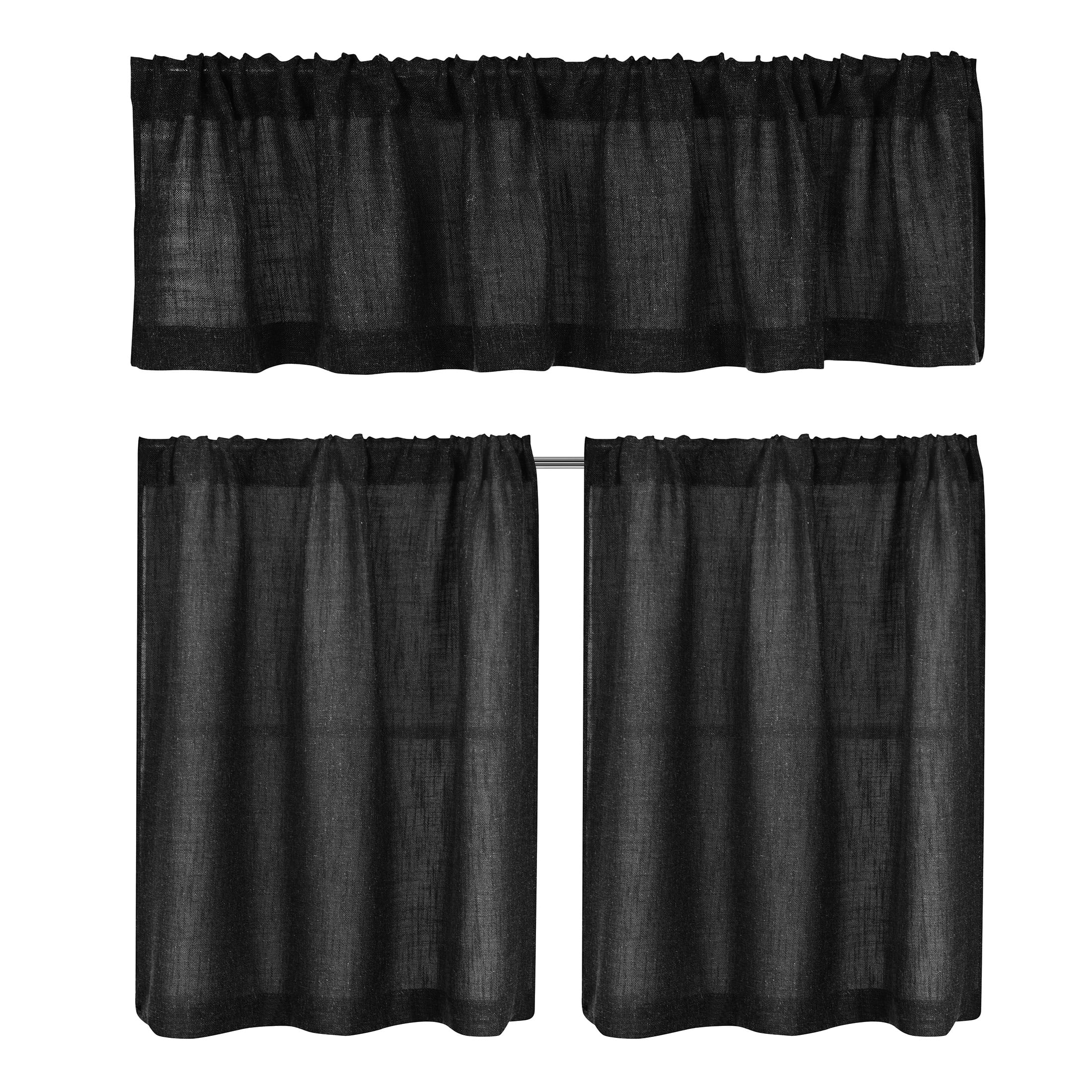Better Homes & Gardens Linen Blend Light Filtering Rod Pocket Kitchen Curtain Tiers and Valance, Set of 3, Rich Black, 60 W x 36 L