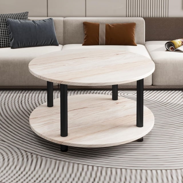 23.6 Inch Round Coffee Table, 2 Tier Small Round Coffee Table with Storage, Modern Centerpiece Table with Metal Frame, Side Table End Table for Small Space, Living Room, Office, Teak Oak