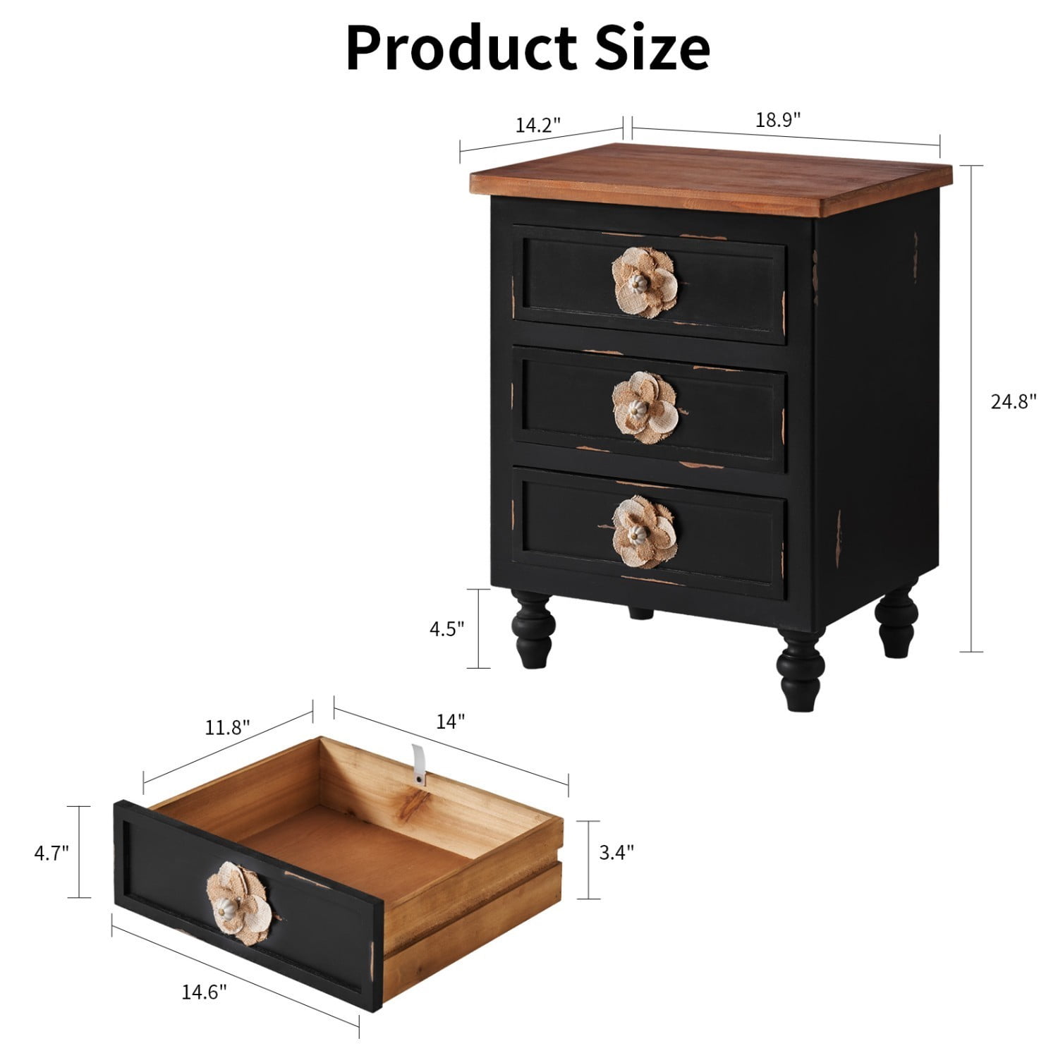 Vintage Farmhouse Nightstand, 3 Drawer Rustic End Table with Floral Knobs and Gourd Legs, Distressed Antique Black Bedside Storage Cabinet for Bedroom Living Room