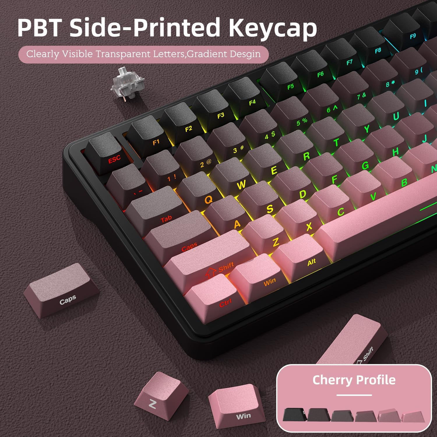 ATTACK SHARK X85 75% Mechanical Gaming Keyboard and Coiled Cable Set,Hot Swap,Cherry Profile Side Print PBT Keycaps,Gasket,CNC Knob,RGB,NKRO White Jade Switch for Win/PC/MAC-Pink Gradient