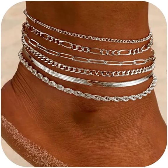 6 PCS Silver Ankle Bracelets for Women, Plated Gold Layered Anklet Set Waterproof Herringbone Paperclip Beaded Figaro Cuban Link Chain Beach Stackable Anklet Bracelet Jewelry Gift for Women