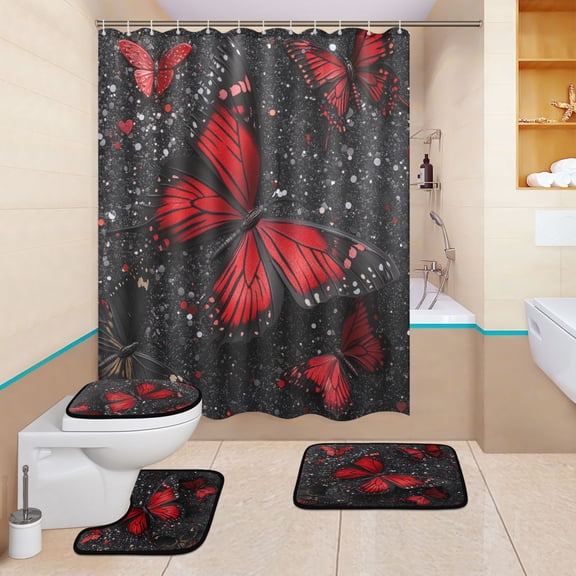 BZSMCE 4PCS Crimson Elegance Shower Curtain Set Bathroom Decorative Set