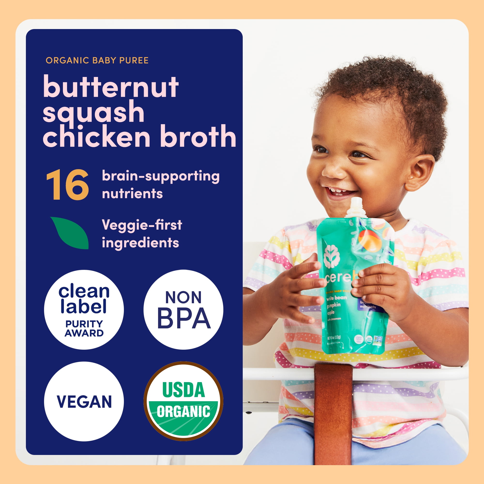 (12 pack) Cerebelly Stage 2 Baby Food Pouch, Organic Butternut Squash & Chicken Broth, 4 oz