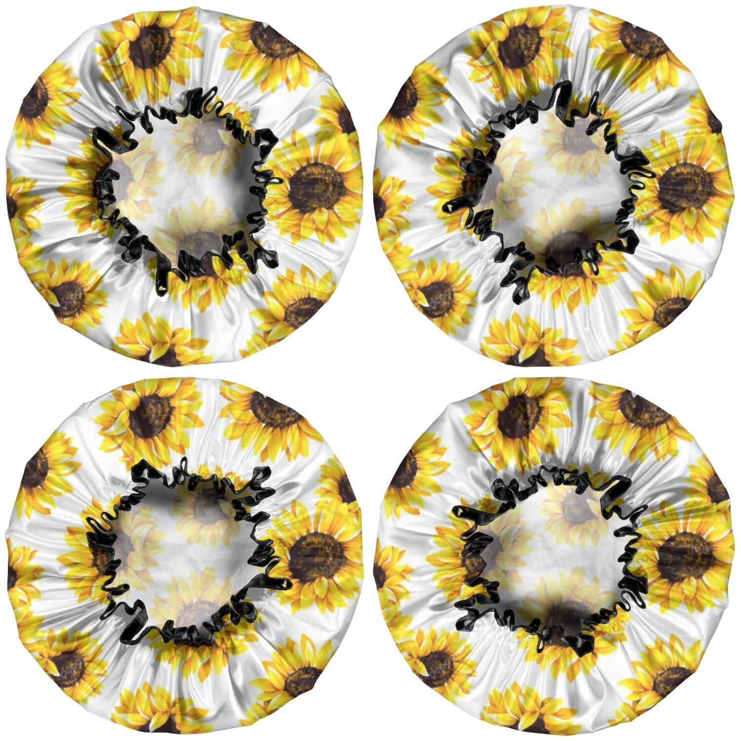 Shower Caps,White Yellow Sunflower Pattern Waterproof Shower Cap for Women 4 Pieces,Double Reusable Hair Cover for Shower PEVA Elastic Stretch Hem