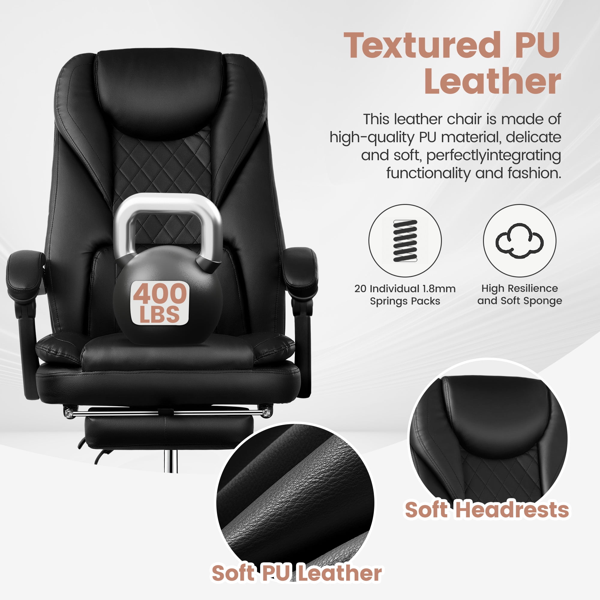 COOLHUT Executive Office Chair, Big and Tall Office Chair with Footrest Reclining Faux Leather Chair High Back Lumbar Support Ergonomic Office Chair with Padded Armrests, Black