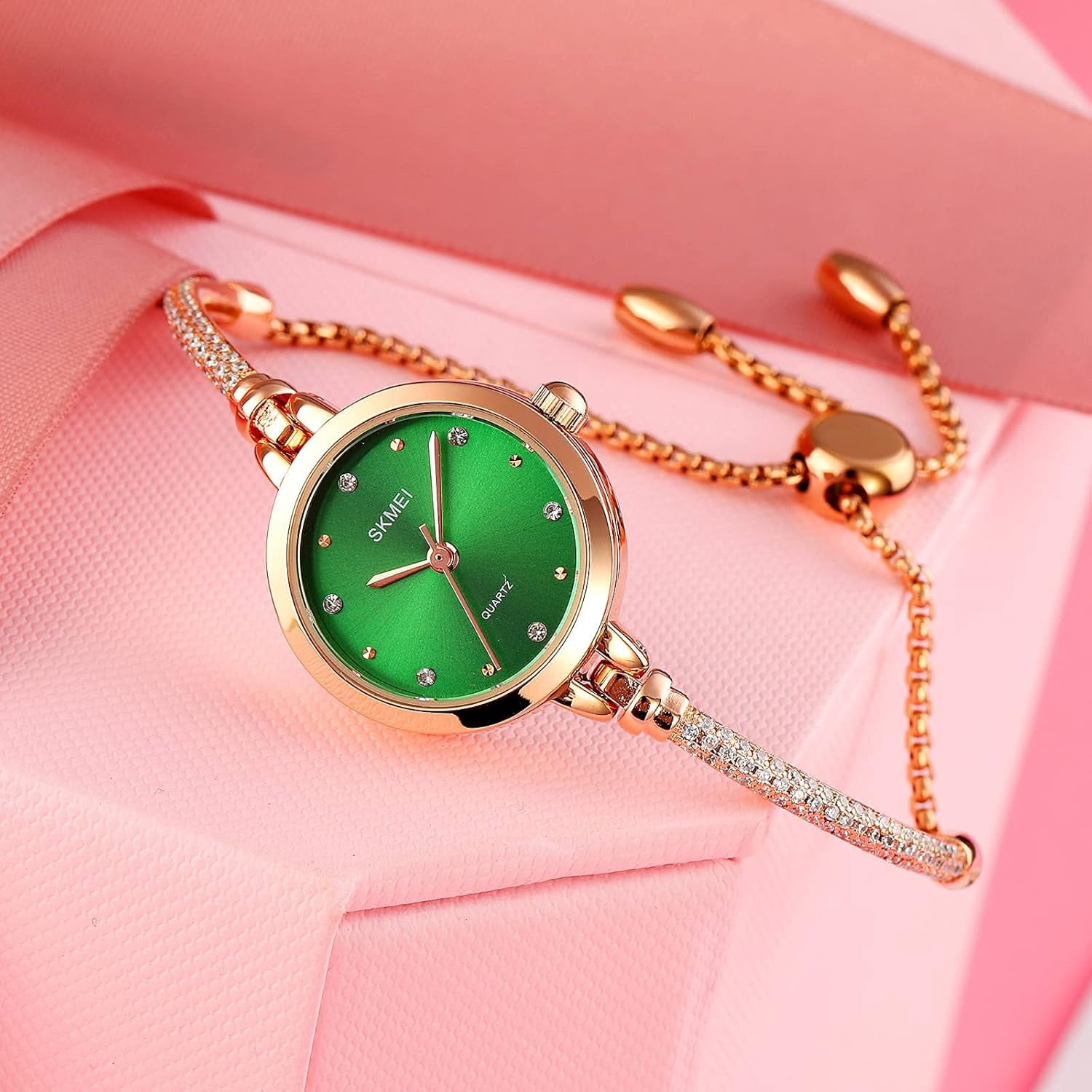 Watches Women Analog Quartz Watch Mosaic with Diamonds Bracelet Dress Watch for Female Waterproof Wristwatch with Rose Gold Bracelet