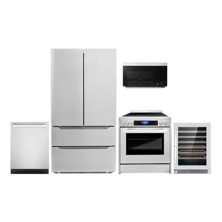Cosmo 5 Piece Kitchen Appliance Packages with 30  Over the Range Microwave 30  Freestanding Electric Range 24  Built-in Integrated Dishwasher French Door Refrigerator & 48 Bottle Wine Refrigerator
