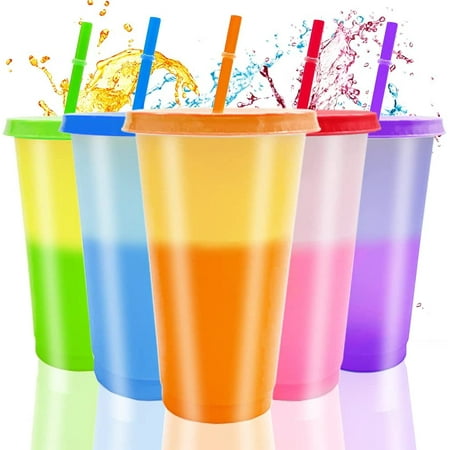 

Casewin 5 Pack Color Changing Cups with Lids and Straws 24oz Durable Plastic Reusable Tumblers for Iced Cofffe Juice Easy Clean Stacktable Cup for Kids Adults Party - Random Color