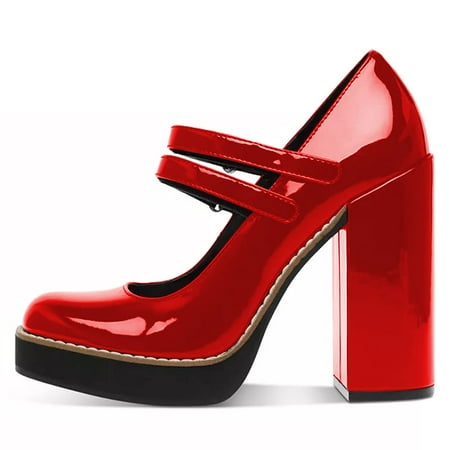 

YDN Women Lovely Round Toe Platform Mary Jane Pumps Chunky High Heel Double Strap Shoes Prom Evening Daily Size 7 Red