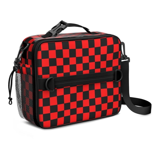 Red and Black Checkered Pattern Insulated Lunch Bag with Shoulder Strap and Bottle Holder,Bento School Lunch Bag Box,11x9.5x3.5 Inches