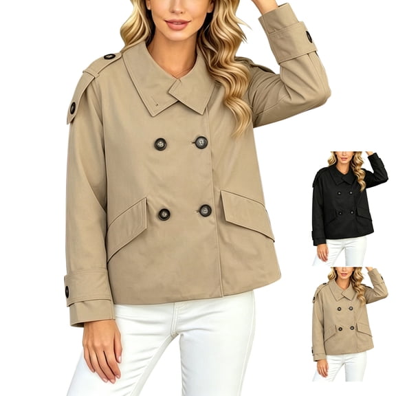 TGSLY Women's Fall Cropped Trench Coats Lightweight Notched Lapel Double Breasted Button Jacket Casual Solid Color Long Sleeve Outerwear with Pockets M