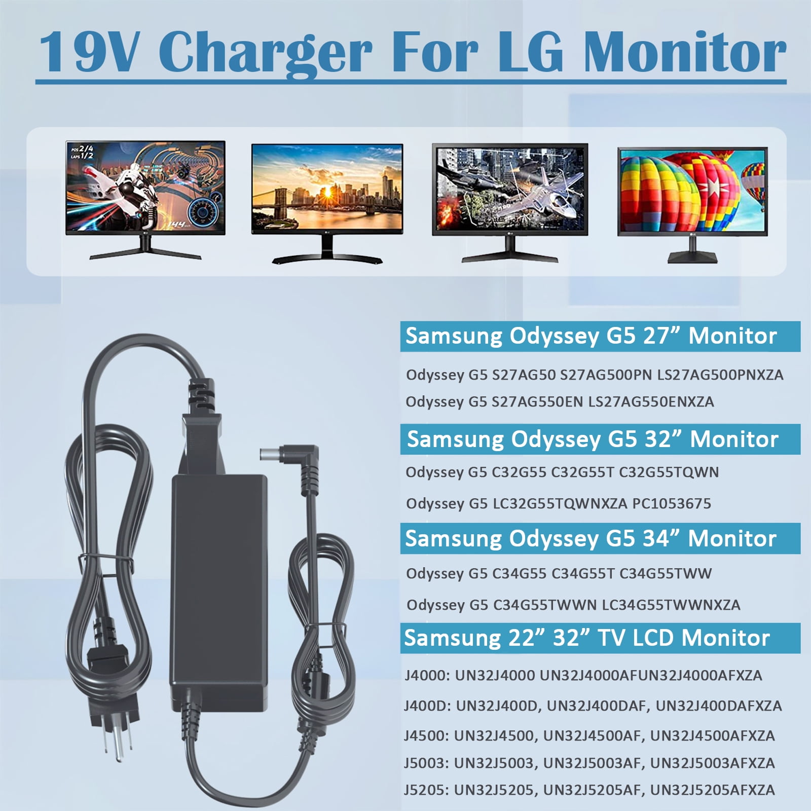 DC 19V Power Cord for Samsung Odyssey G5 G3 G55C C27G55 C32G55 C34G55 C27G55T C32G55T C34G55T 27" 32" 34" lc34g55twwnxza Gaming Monitor, Samsung 32" TV UN32J400 UN32J5003AF UNJ32J52