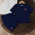 thumbnail image 5 of Girls 2-Piece Short Sleeve Set, T-Shirt & Elastic Waist Shorts with Pocket & Bow Embroidery, Soft Polyester Play Clothes for Kids Kids, Navy Blue,Size 11-12T, 5 of 6