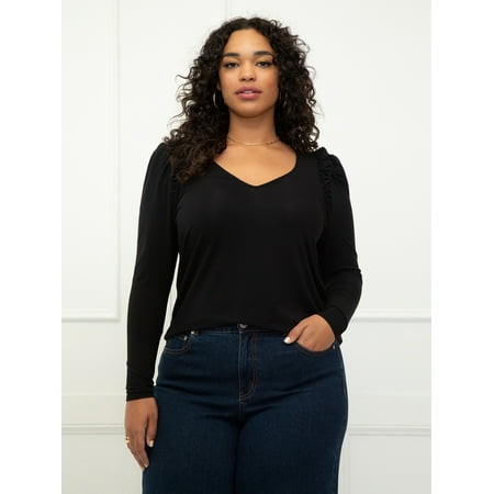ELOQUII Elements Women's Plus Size Puff Sleeve Tee with Ruffles