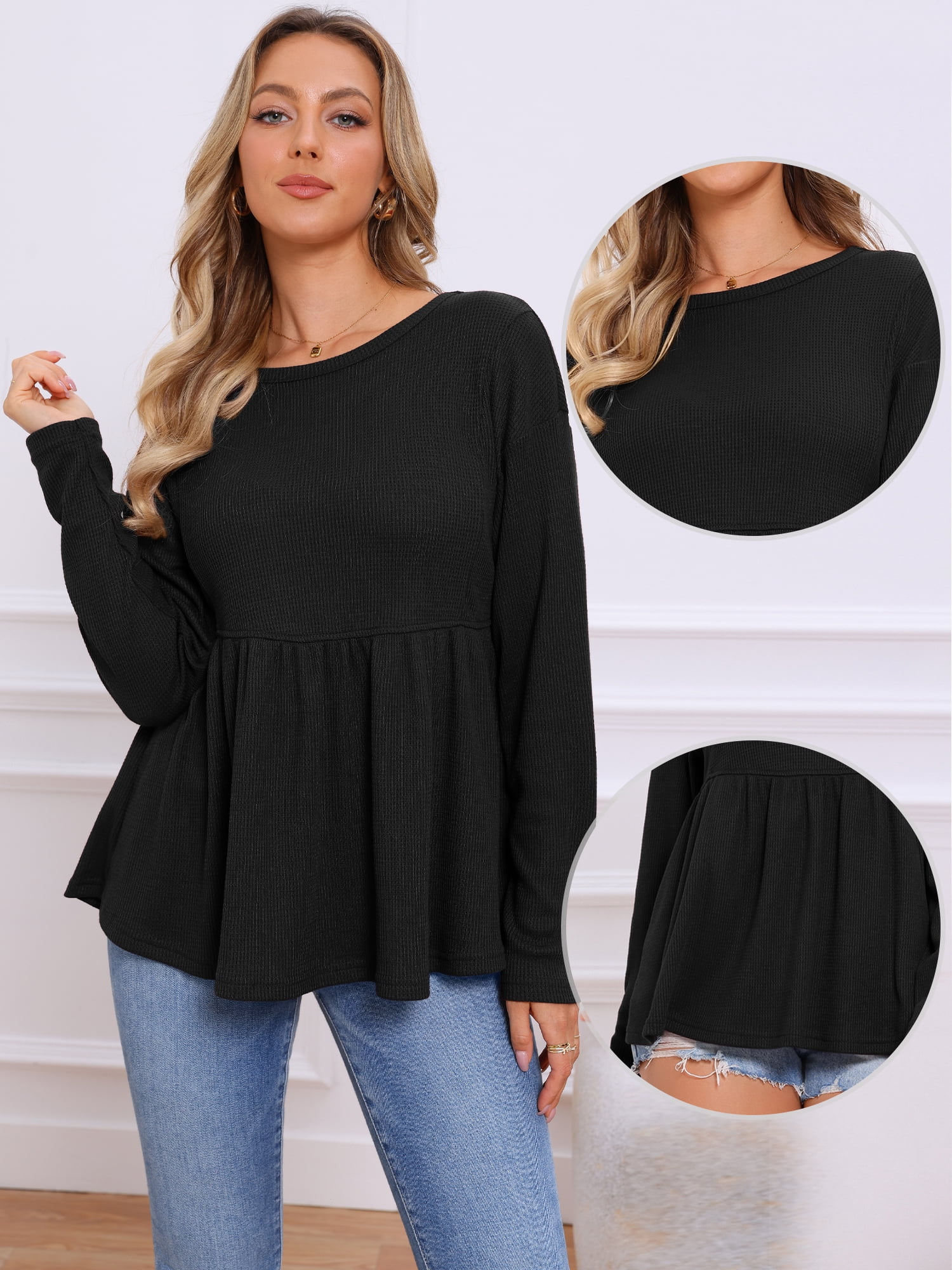 DARING DIVA Women's Waffle Knit Top Long Sleeve Babydoll Peplum Blouses XS Black