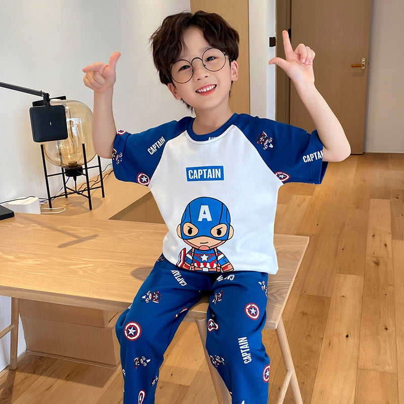 Fashion Trade Children s Pajamas Boys Summer Cotton Thin Short Sleeved Trousers 13 Year Old Boys Iron Man Cartoon Air Conditioning Black