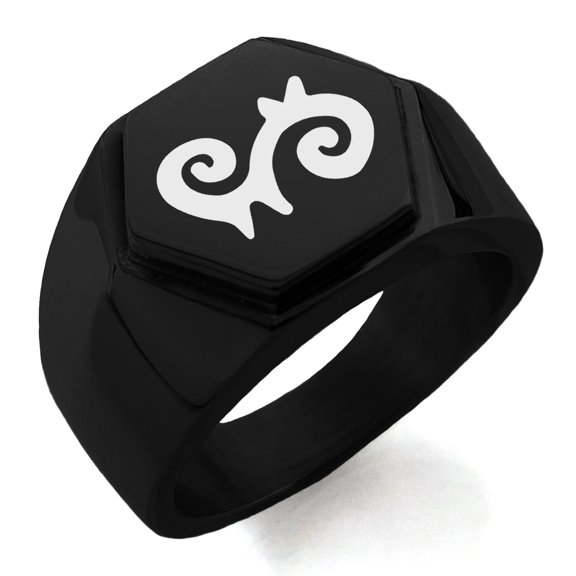 Stainless Steel Aztec Energy Rune Engraved Hexagon Crest Flat Top Biker Style Polished Ring