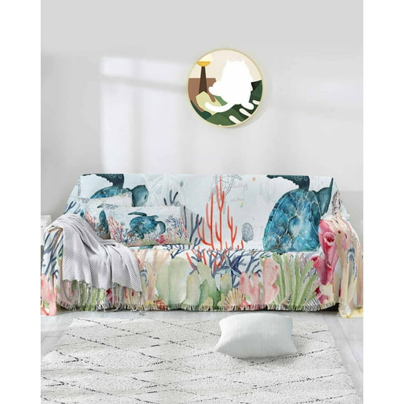 Nautical Sea Turtles Sofa Covers for 3 Cushion Couch,Washable Sectional & L Shape Couch Covers for Dog/Cat/Kid,Beach Blue Coastal Rustic Ocean Non Slip Sofa Slipcover Tassel Futon Cover 71x150