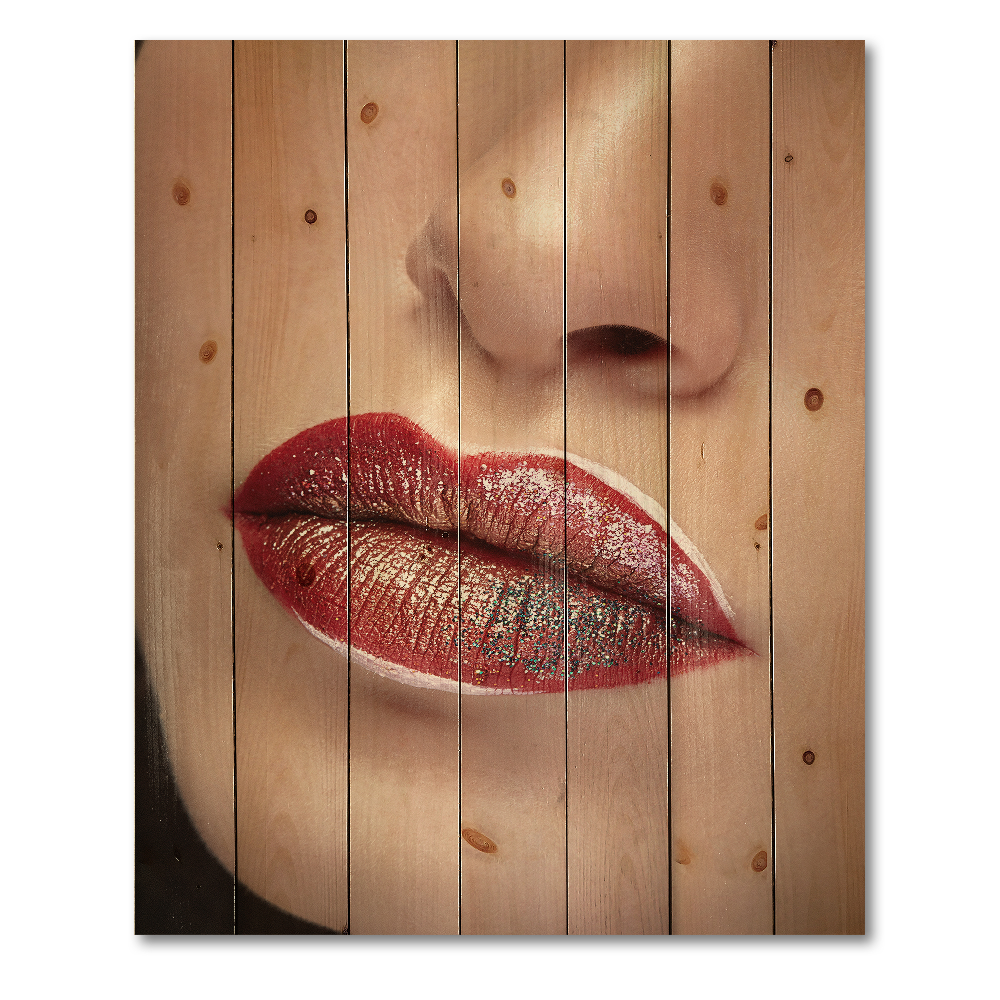 Designart 'Close Up Lips With Professional Lipstick and Make Up' Modern Print on Natural Pine Wood