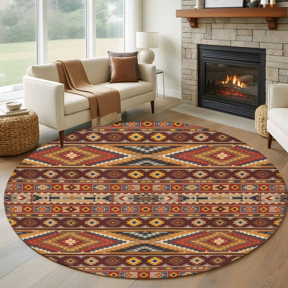 Brown Southwest Aztec Round Area Rug 5 FT, Non Slip Bedroom Rugs, Farmhouse Vintage Geometric Washable Soft Circular Carpet Non-Shedding Floor Mat for Kitchen Dining Room Foyer Balcony Dorm