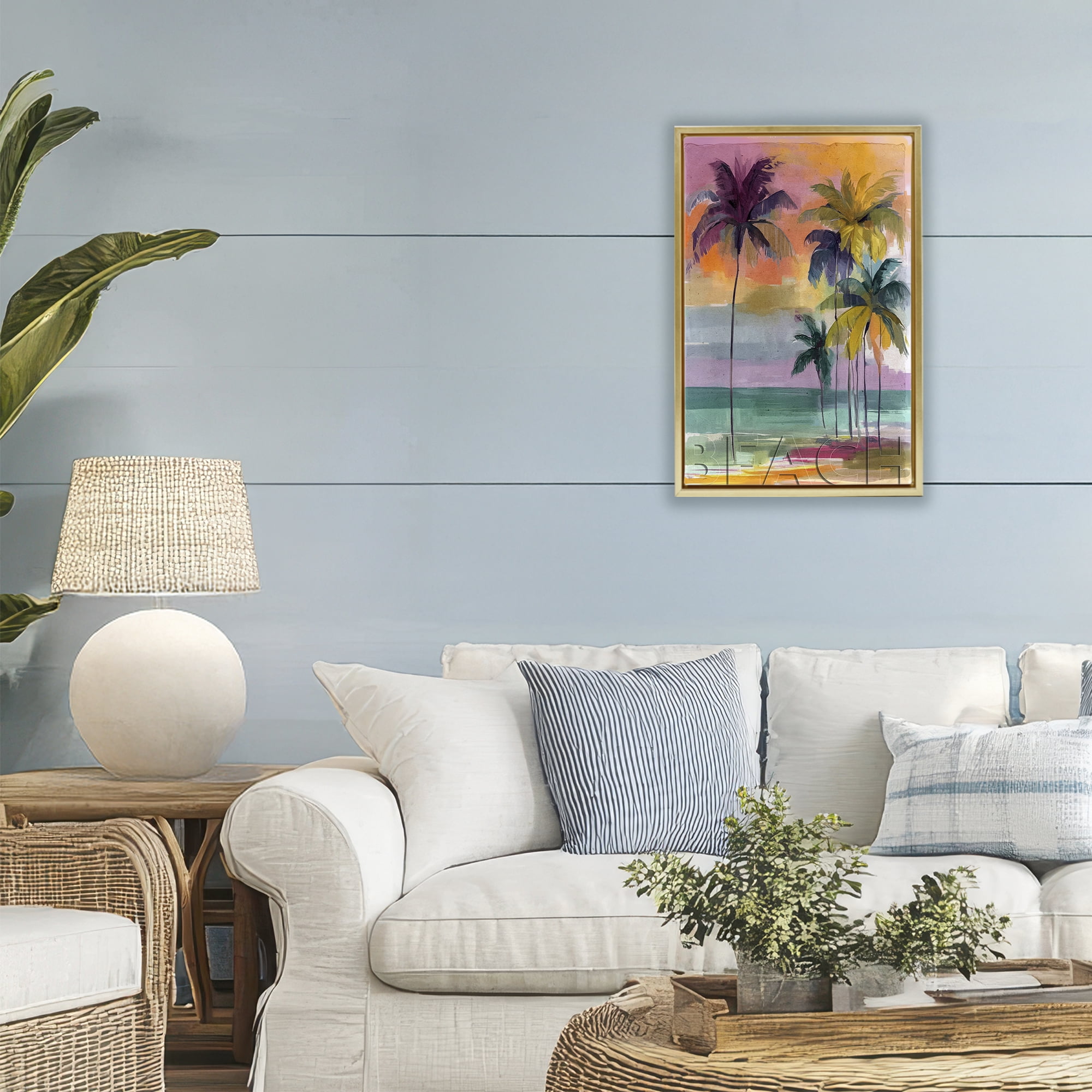 Stupell Industries Crayon Beach at Sunset Gold Framed Floater Canvas Wall Art, design by Annabelle Hall