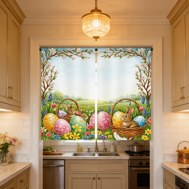 Easter Kitchen Sink Curtain, Waterproof Cabinet Dustproof Partition Decor, Holiday Themed Polyester Shower Curtain, Decorative Splash Guard for Kitchen, Festive Home Decor, Easter Bunny Design