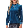 thumbnail image 4 of Blusa elegante casual de terciopelo para mujer con cuello alto y mangas largas XL azul pavo real, 4 of 5