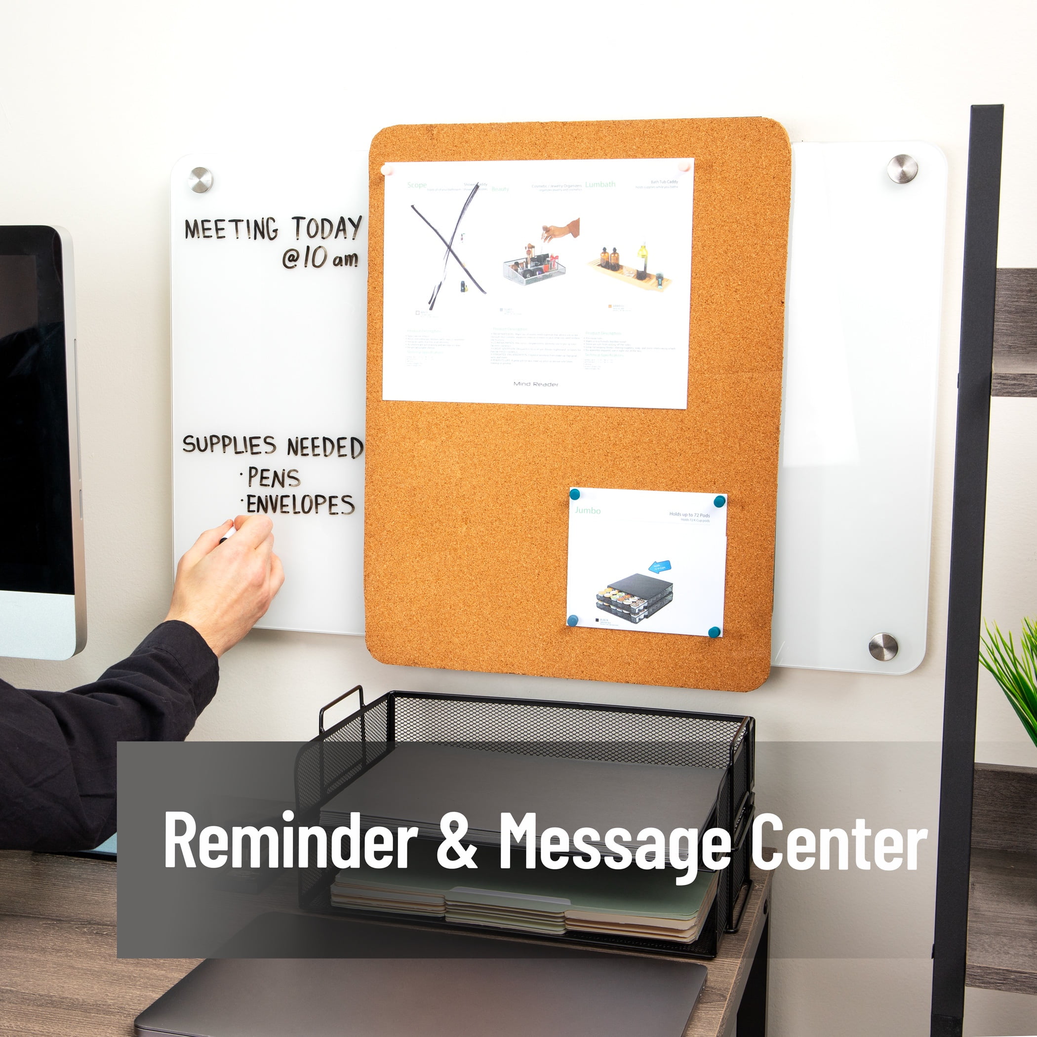 Mind Reader Glass Dry Erase Board with Sliding Corkboard, Wall Mounted Combination Whiteboard and Bulletin Board, 28" x 19.5"