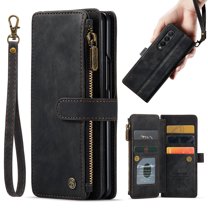 for Samsung Galaxy Fold 4 5G Case, Wallet Case with 5 Card Holder Kickstand Magnetic Zipper Pocket Lanyard Strap Wristlet, Leather Flip Case Wallet for Samsung Galaxy Fold 4 2022 7.6 Inch, Black