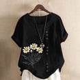 thumbnail image 2 of Women's Cotton Linen Tees Crew Neck Short Sleeve Tunic Tops Floral Casual Loose Fit Shirts Button Down T -shirts (Black,2XL), 2 of 5