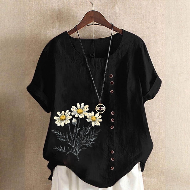 TaTaai Women's Everyday Casual Blouse, Linen Feel Round Neck T-Shirt, Short Sleeve Comfortable Top for All Occasions Gift