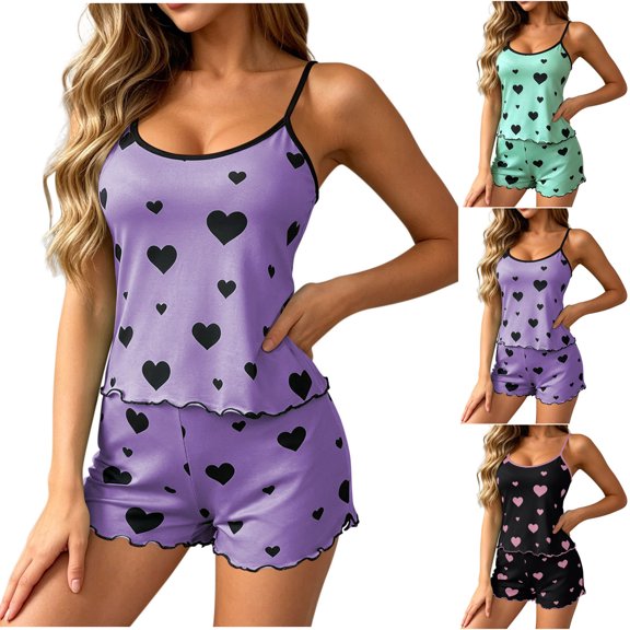 Loopsun Womens Pajamas Sets Print Wave Hem Thin Straps Top Elastic Waist Shorts Two Piece Flowy Loungewear