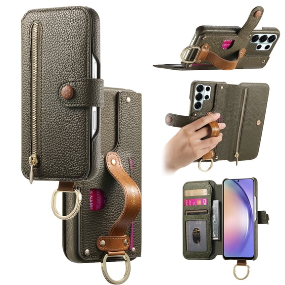 Compatible with Samsung Galaxy S22 Ultra PU Leather Wallet Case, Zipper Purse with Card Slots ID Window Cash Pocket Handheld Grip Strap Magnetic Kickstand Multi-Functional Flip Cover,Midnightgreen