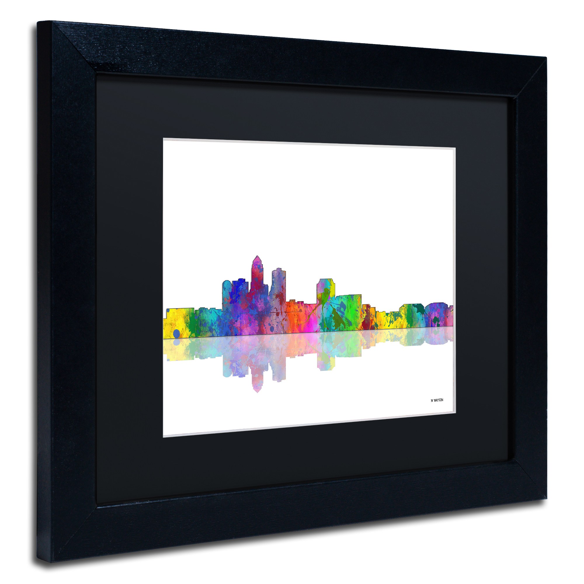 Trademark Fine Art "Des Moines Iowa Skyline" Canvas Art by Marlene Watson Black Mat, Black Frame
