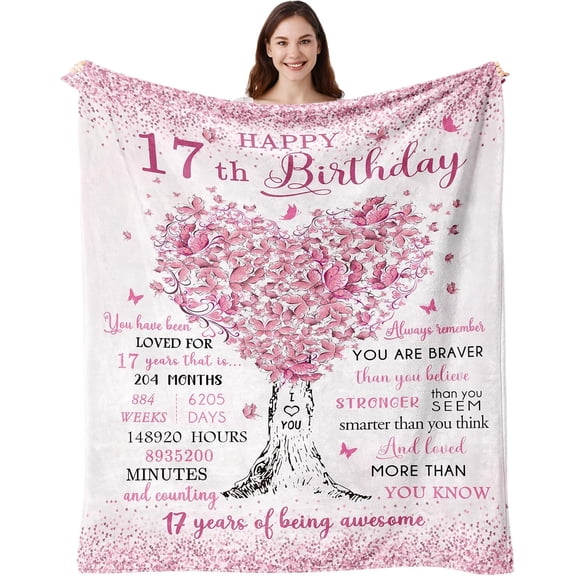 Happy 17th Birthday Blanket Pink Butterfly Heart Tree Soft Cozy Flannel Throw Blanket Sweet Birthday Gift for Teen Girls for Bedroom Couch Sofa Home Decoration