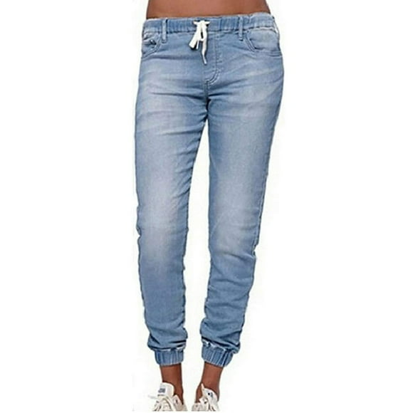 Womens Elastic Waist Pencil Stretch Denim Skinny Drawstring Jeans Pants Trousers