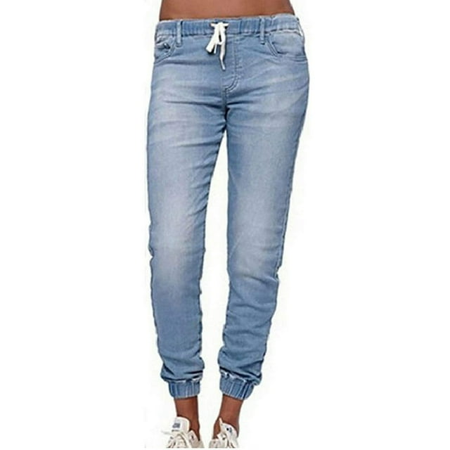 Womens Elastic Waist Pencil Stretch Denim Skinny Drawstring Jeans Pants Trousers