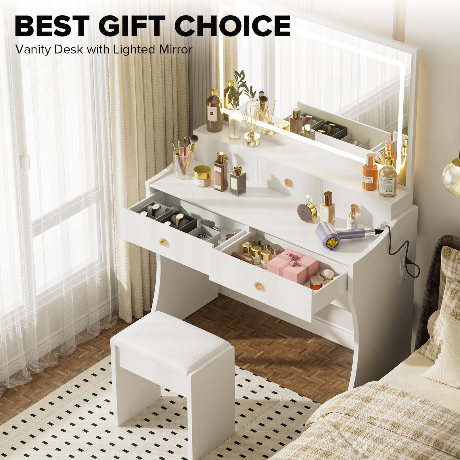 LUCKLIFE White Vanity Desk with Mirror and Lights, 5 Drawers & Charging Station, Vanity Table and Chair Set