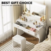 LUCKLIFE White Vanity Desk with Mirror and Lights, 5 Drawers & Charging Station, Vanity Table and Chair Set