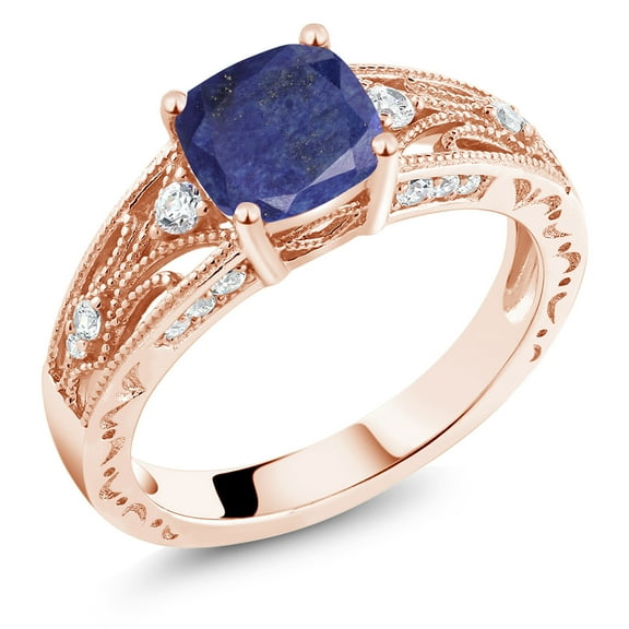 Gem Stone King 1.16 Ct Cushion Blue Lapis 18K Rose Gold Plated Silver Ring (Size 8)