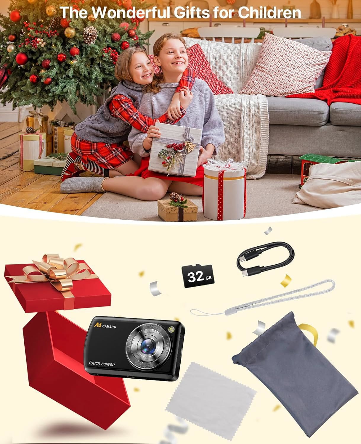 AI Smart Digital Camera WiFi Autofocu Dual Lens Point and Shoot Camera with 3.6" Touchscreen Smart Effects,Beauty & AR Filters with 32GB Card for Boys Girls Kids