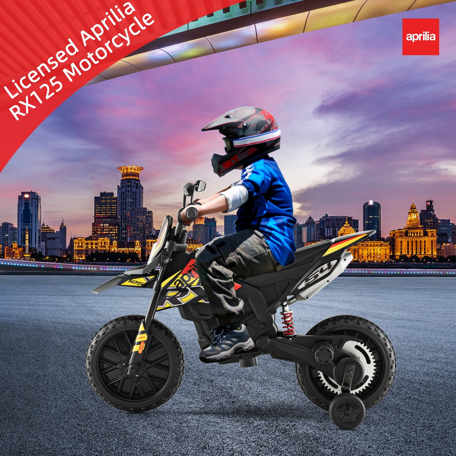 Olakids 12V Aprilia RX125 Electric Ride-on Motorcycle, Black, with Training Wheels, Ages 3-8