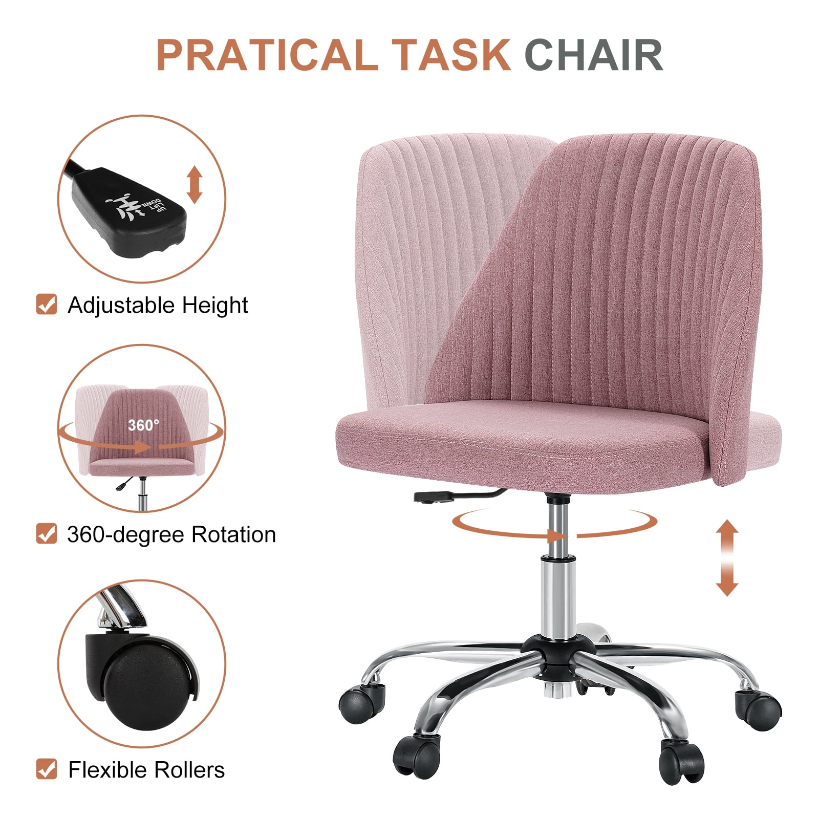 Armless Adjustable Swivel Desk Chair with Wheels