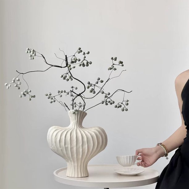 Plastic Glazed Vase | Home Decor Flower Pot - Durable Imitation Ceramic | White Black | Dried Fresh Flower Arrangement | Living Room TV Cabinet Bedroom | 22x20x8cm