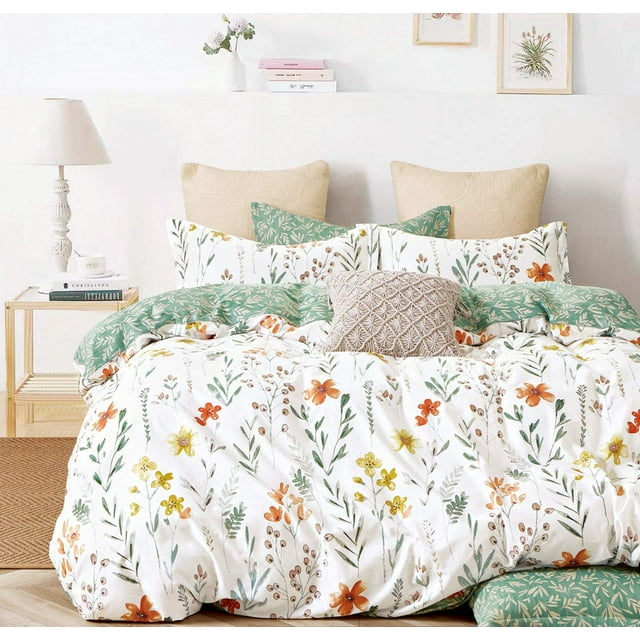 SLEEPBELLA Duvet Cover Set 600 Thread Count Cotton Bedding Set (Twin, White&Green Floral)