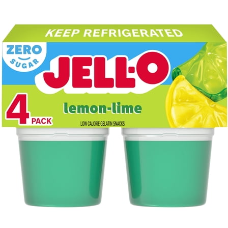 Jell-O Lemon-Lime Artificially Flavored Zero Sugar Ready-to-Eat Gelatin Snack Cups, 4 ct Cups(Pack of 2)